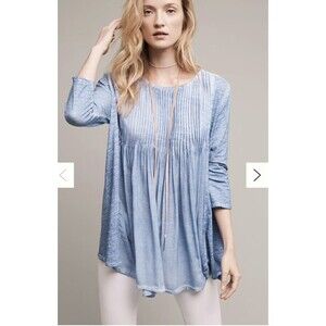 Akemi + Kin Blue Pleated V-Neck Shift Dress 3/4 Sleeve Short Size M